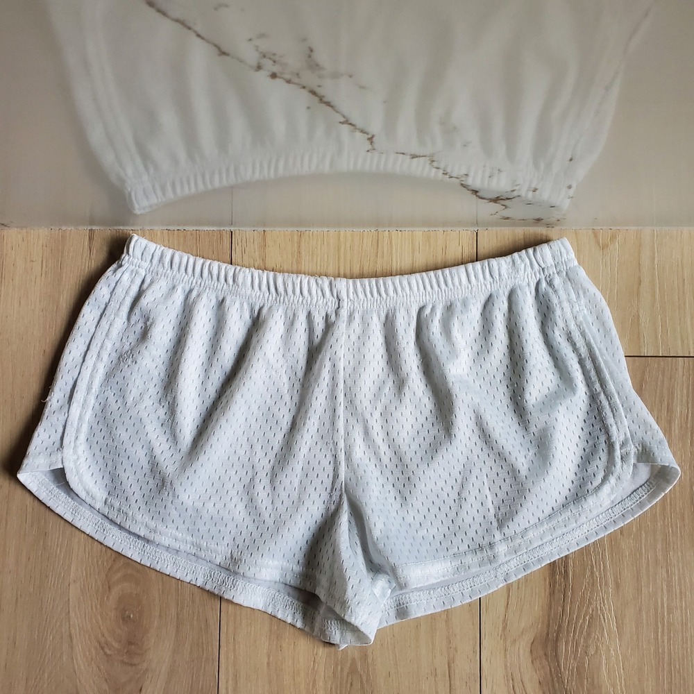Soffe Mesh Shorts Womens L White Low Rise Elastic Waist Cheer Running Gym Y2K